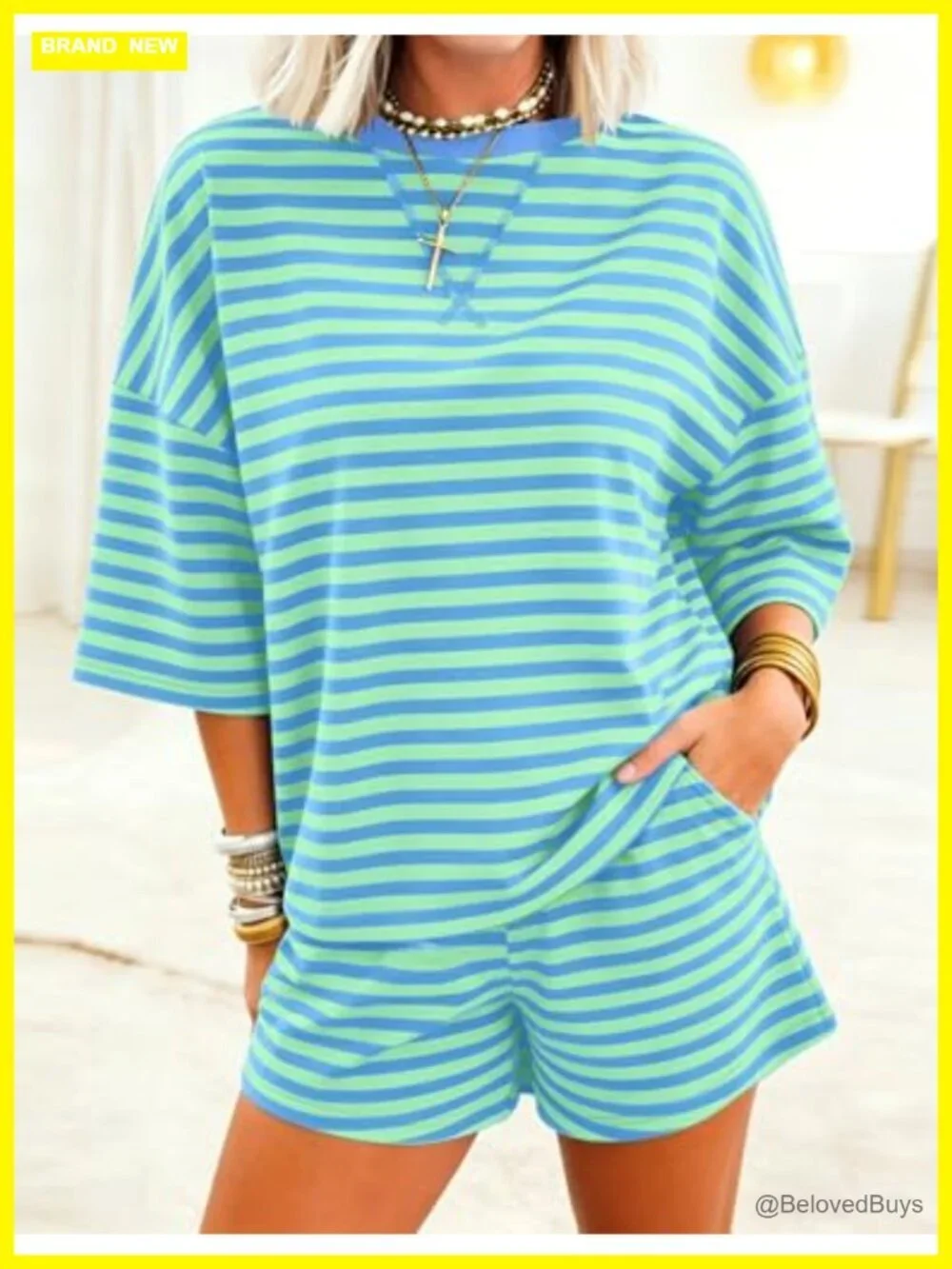 Striped Oversized Lounge Set with Shorts - 2 Piece Pajama Set
